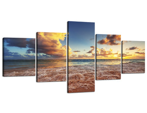 5 Panels Mount Bright Sunrise over the Beach Canvas Wall Art Modern Seascape Wooden Framed Canvas Painting Wall Decoration with Hook Easy to Hang for Home Decor - 50''W x 24''H