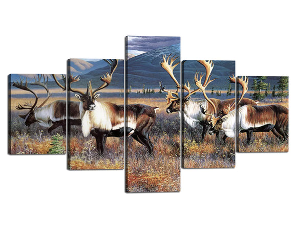 Yan Quan Modern Animals Gallery-Wrapped Giclee Prints Artwork 4 Black White Elks on The Prairie in Autumn Pictures on Canvas Wall Art 5 Panels Bedroom Living Room Bathroom Decoration - 70''W x 40''H