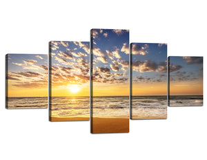 Yan Quan 5 Panels Seascape Wall Pictures Decor Bright Sunshine and White Wave on the Beach Pictures on Canvas Wall Art Modern Ocean Prints and Posters for Living Room Decoration - 60''W x 32''H