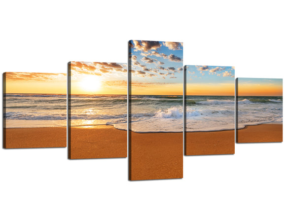 Modern Seascape Canvas Prints Beautiful Sunrise on the Beach Giclee Artwork Wrapped with Wooden Frames 5 Panels HOme Decor Stretched and Framed Easy to Hang for Home Decor - 50''W x 24''H