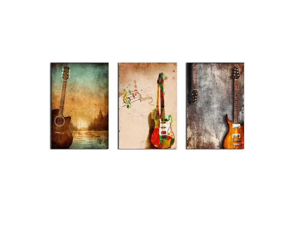 3 Panels Modern Music Theme Artwork for Walls - With 3 Cool Band Guitar Painting - Canvas for Living Room Home Office Decorations - 60''Wx28''H