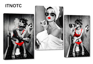 ITNOTC - 3 Pieces Sexy Women Picture Wall Art Modern Red Lip Print Poster Wall Decor Artwork Gallery Wrapped Fashion Women Canvas Painting Bedroom Bathroom Home Decorations and Wooden Framed - 36"Wx16"H