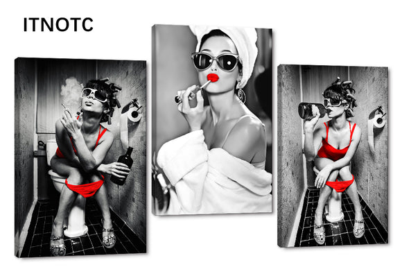 ITNOTC - 3 Pieces Sexy Women Picture Wall Art Modern Red Lip Print Poster Wall Decor Artwork Gallery Wrapped Fashion Women Canvas Painting Bedroom Bathroom Home Decorations and Wooden Framed - 36