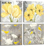 HJL Art -- Bathroom Wall Art Yellow and Gray Flower Canvas Painting Wall Decor for Living Room Bedroom Home Decorations Bird Pictures Framed Artwork Ready to Hang(12''W x 12''H x4)
