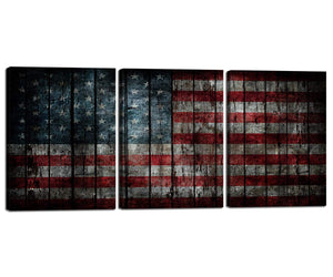 Retro American Flag Artwork 3 Piece Gallery-wrapped Wall Art Canvas Painting Stars And Stripes USA Flag Wall Pictures for Living Room Bedroom Decor Prints Posters with Wooden Framed 12''W x 16''H x 3