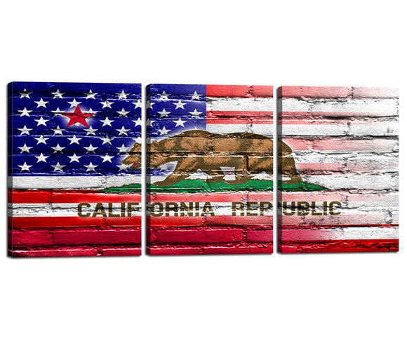 Wall Pictures for Living Room Gallery-wrapped 3 Piece Wall Art Retro American Flag Bear California Repudlic Print Canvas Painting USA Flag Home Decoration Posters with Wooden Framed 12''W x 16''H x 3
