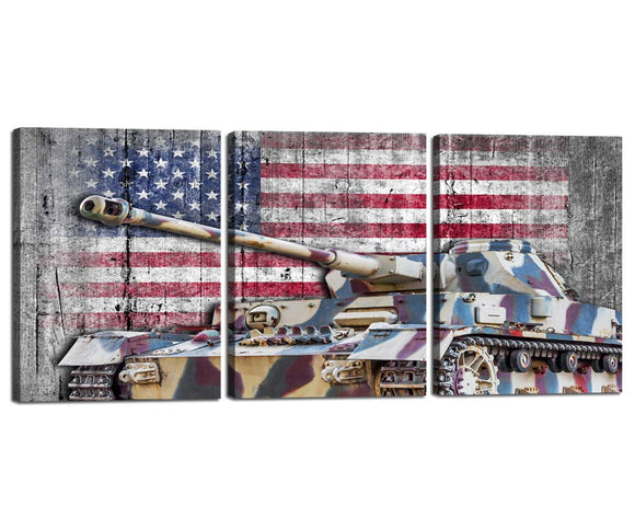 Home Decoration Giclee Artwork Painting for Bedroom Framed 3 Panel Retro Wall Art Decor Canvas Prints USA Flag with Military Tanks Pictures Patriotic Vintage American Flag Posters 12''W x 16''H x 3