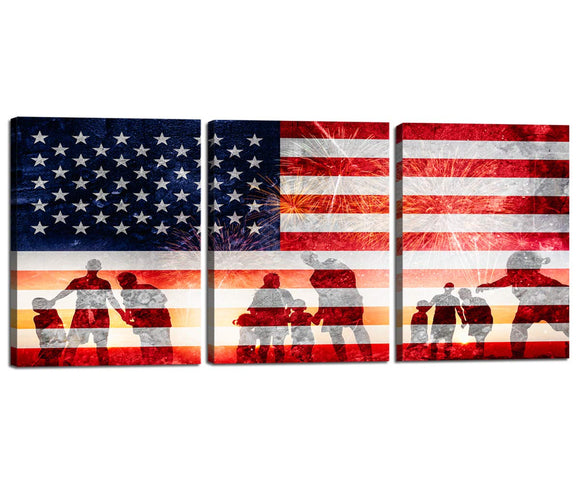 Flag American Independence Day Military Soldier Giclee Canvas Painting for Living Room Wall Art Decor Stars And Stripes USA Flag Poster Print Home Decoration Stretched By Wooden Frame 12''W x 16''H x3
