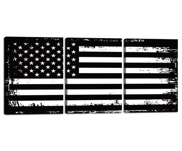 USA Flag Artwork Giclee Canvas Prints Patriotic Vintage Black White US American Flag Painting for Living Room Bedroom Home Decoration Pictures 3 Panel Wall Art Poster Framed Stretched 12''W x 16''H x3