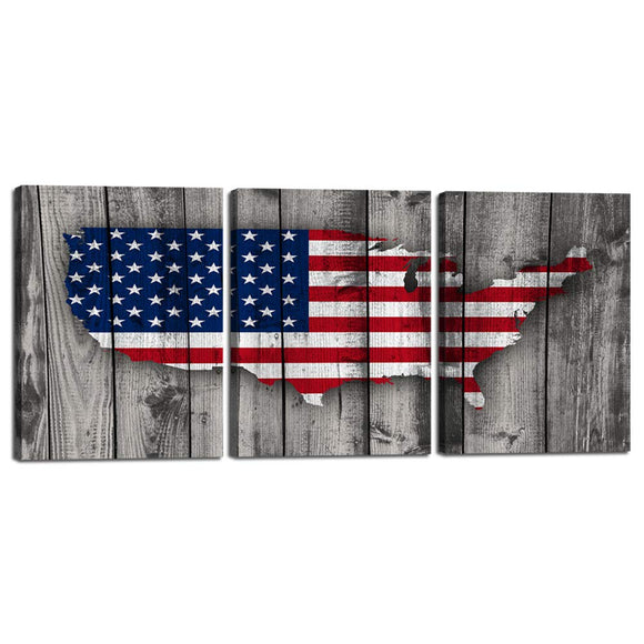 Wall Art Black White Retro US American Flag Map on Woodern Print Canvas Painting Artwork 3 Pieces Framed Home Decor Vintage Patriotic USA Flag Wall Pictures for Bedroom Ready To Hang 12''W x 16''H x 3