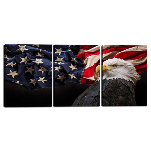 Wall Art for Living Room USA American Flag With Bald Eagle Hawk Printed Painting on Canvas Independence Day Modern Office Home Decoration Poster 3 Panel Giclee Pictures Stretched 12''W x 16''H x 3