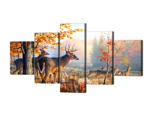 Yan Quan 5 Panels Hand-Painted Deer in Autumn Sunlight Forest Artwork Modern Gallery Wrapped Giclee Canvas Wall Art Stretched Framed Home Decor - 60''W x 32''H