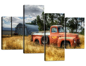 Wall Art for Living Room Vintage Rustic Car Wildlife Picture Home Decorations 4 Panels Painting on Canvas Posters and Prints Framed Stretched (40" W X 28" H)