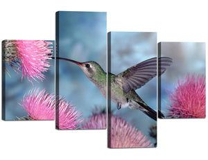 4 Panel Wall Art A Bird in The Flowers Painting The Picture Print On Canvas Animal Pictures for Home Decor Decoration Gift 4 Piece Stretched by Wooden Framed(40''Wx28''H)