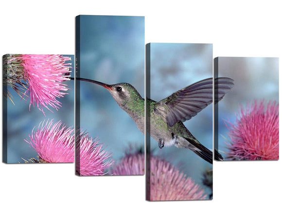 4 Panel Wall Art A Bird in The Flowers Painting The Picture Print On Canvas Animal Pictures for Home Decor Decoration Gift 4 Piece Stretched by Wooden Framed(40''Wx28''H)