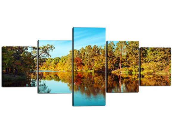 Contemporary Landscape Painting Autumn Lake View, Covered With Trees on Both Sides Prints on Canvas Framed Stretched The Picture for Office Bedroom Home Wall Decor 5 Panels Decoration (50''Wx24''H)