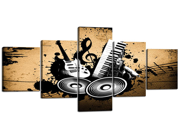 Art Guitar Oil Paintings on Canvas Wall Art Ready to Hang for Living Room Bedroom Home Decorations Modern 5 Piece Framed Black Abstract Music Artwork(50''Wx24''H)