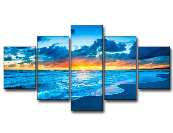 Blue Beach Ocean Sunrise Modern Landscape Painting on Canvas 5 Piece, HD Prints Pictures Giclee Artwork Wall Art for Living Room Home Decor Wooden Framed Stretched Ready to Hang
