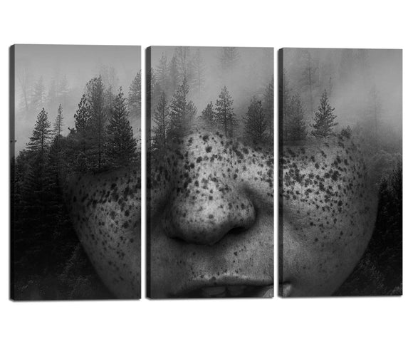 Wall Art for Home Office Decorations Black White Abstract Picture Jungles Fuzzy Faces Print On Canvas Modern 3 Panel Posters Wall Decor Painting for Living Room Office Stretched (36''W x 24''H)