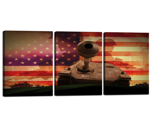 Posters Prints Modern 3 Panels Canvas Painting American Flag Tank Soldier,Framed Wall Art Home Office Decorations USA Flag Picture Stretched Gallery-Wrapped 12''W x 16''H x 3
