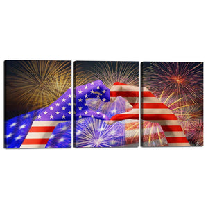 Wall Painting Artwork Stars And Stripes Flag of American Print Poster 3 Piece Framed Wall Art Love USA Flag with Fireworks Pictures for Home Modern Decoration Living Room Decor 12''W x 16''H x 3