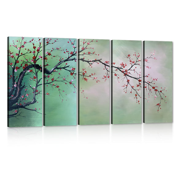 Handpainted Modern Cherry Blossom Painting, Wall Art Black Tree Picture 5 piece Oil Paintings on Canvas Red Flower Flora with Grey Background Artwork for Living Room Home Decor Framed Stretched