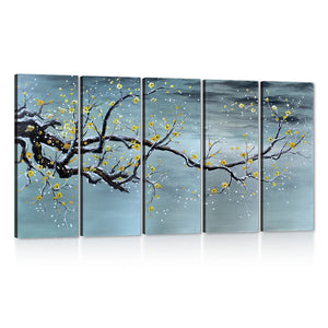 Handpainted Modern Yellow Plum Blossom Painting, Wall Art Tree Picture 5 piece Multi Panel Oil Paintings on Canvas Beautiful Flowers in the white snow for Living Room Home Decor Framed Stretched