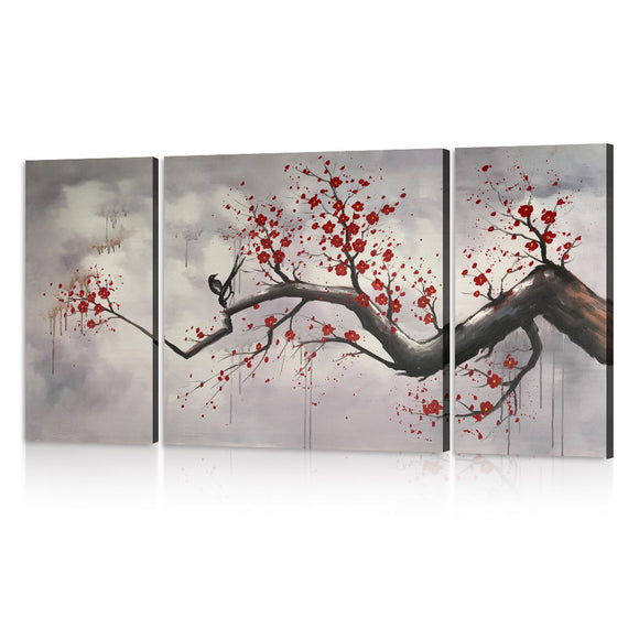 Black White Red Wall Art Modern Abstract Plum Blossom Romantic Flora Picture 3 Piece Multi Panel Oil Paintings on Canvas Beautiful Flower Artwork Handmade for Living Room Home Decor Framed