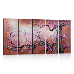 Handmade Modern Abstract Plum Blossom Tree Wall Art Picture 5 piece Oil Paintings on Canvas for Living Room Home Decor Framed, Pink and White Flower Romantic Floral Artwork
