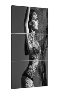 Yatsen Bridge 3 Panels Modern Wall Art White and Black Sexy Lady Holding Lace with Lace Shadow Picture Prints on Canvas Giclee Artwork Ready to Hang for Home and Office Decor - 42''H x 20''W