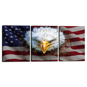 Wall Art 3 Pieces Home Decor Picture Independence Day Stars And Stripes American Flag with Angry Bald Eagle Canvas Painting Poster Print Artwork for Living Room Framed Stretched 12''W x 16''H x 3