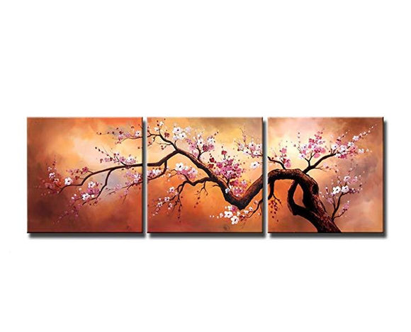 100% Hand Painted Oil Painting on Canvas Pink Plum Blossoms Framed 3 Pieces Abstract Exuberant Tree Wall Art Painting for Living Room Home Decor, Framed and Stretched Ready to Hang(60''Wx20''H)