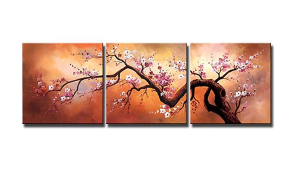 Modern Home Decor Hand painted Wall Art Oil Paintings on Canvas 3 Piece Cherry Blossom Tree Pictures for Living Room Bed Room Kidchen Office, GalleryWrap Framed Stretched Ready to Hang(72''Wx24''H)