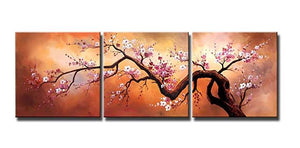 Modern Home Decor Hand painted Wall Art Pink and White Flower Oil Paintings on Canvas 3 Panel Plum Blossom Tree Pictures for Living Room, Gallery Wrap Framed Stretched Ready to Hang(96''Wx32''H)