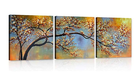 Extra Large Home Decor Modern Yellow White Full Blossom Paintings Prints on Canva 3 PCS Plum Blossom Picture Wall Art for Living Room,Gallery Wrap Framed Stretched Ready to Hang (96''Wx32''H)