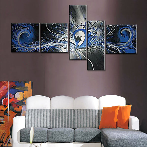 Handpainted 5 Piece Black White Modern Abstract Oil Painting on Canvas Wall Art Peacock Pictures for Living Room Framed Ready to Hang Unique Gift (light purple)