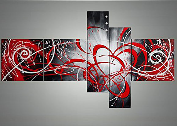 Handpainted 5 Piece Black White Modern Abstract Oil Paintings on Canvas Peacock Pictures Wall Art for Living Room (red)