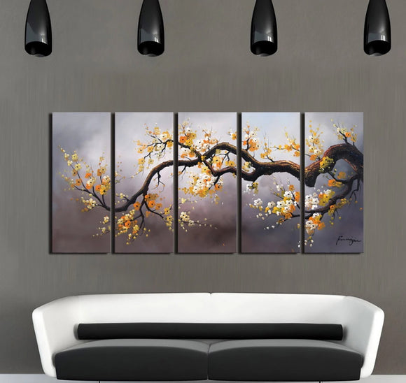 Modern Abstract Cherry Blossom Tree Wall Art Picture 5pcs Oil Paintings on Canvas Handmade for Living Room Home Decor Framed