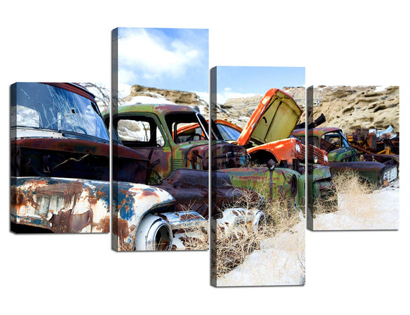 4 Panel Wall Art Group of Vintage American Cars Parked in A Valley Painting Pictures Print On Canvas Car The Picture for Home Modern Decorations 4 PCS for Living Room Man Bedroom（40''Wx28''H）