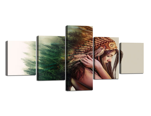 5 Panel Native American Indian Girl Stretched and Framed Painted Modern Canvas Wall Art Decor Panting for Home- 50''Wx24''H