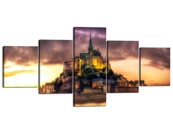 Premium Quality Canvas Printed Wall Art Poster 5 PCS / 5 Panel Wall Decor Mont St Michel Illuminated at Night Scenic Painting, Home Decor Pictures - Stretched(50‘’Wx24‘’H)