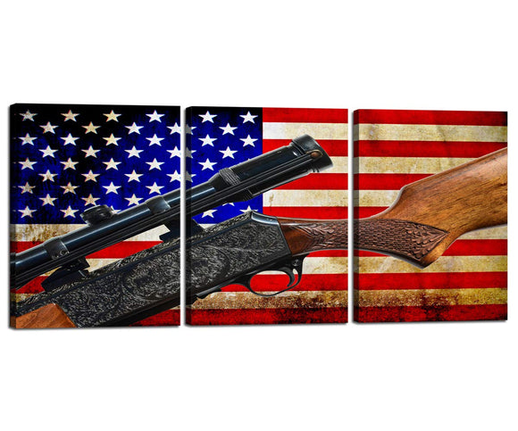 3 Panel Home Decor Painting Wall Art Canvas Framed Retro American Flag Gun The Picture Print On Canvas,Contemporary Gallery-Wrapped USA Flag Wall Decor Posters Wooden Frame 12''W x 16''H x 3