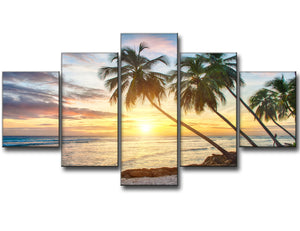 Modern Landscape Painting on Canvas 5 Piece, Beach Ocean Pictures Wall Art for Living Room Home Decor Wooden Framed Stretched Ready to Hang (60X32inch)