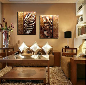 Handmade 2 Piece Retro Golden Leaves Modern Contemporary Abstract Oil Painting on Canvas Wall Art Vintage Luxury Leaf Pictures for Living Room Home Decorations Wooden Framed(32''Wx20''H)