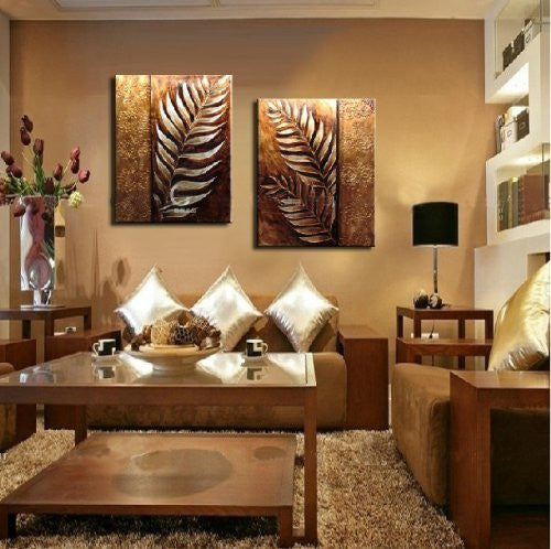 Handmade 2 Piece Golden Modern Contemporary Abstract Oil Painting on Canvas Wall Art Leaf Pictures for Living Room Home Decorations Wooden Framed (40x50cm=2)
