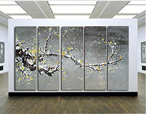 Handpainted Modern Cherry Blossom Painting, Wall Art Tree Picture 5 piece Oil Paintings on Canvas for Living Room Home Decor Framed Stretched