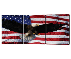 Contemporary American Flag Artwork Prints on Canvas,3 Panels USA Flag Flying Eagle Painting Living Room Home Decoration Wall Decor Giclee Pictures Stretched Wooden Frame 12''W x 16''H x 3