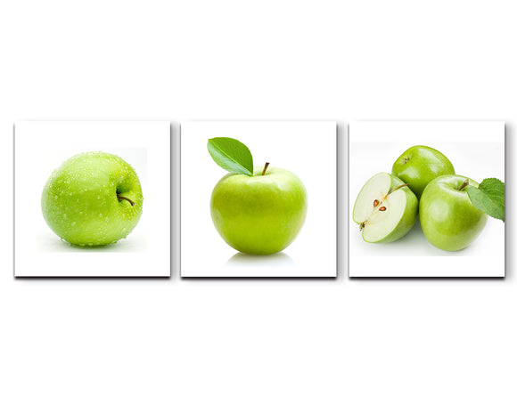 Green Apples Painting on Canvas 3 Panel Wall Decor Forming a Background Wall Art Prints Framed Ready to Hang-Modern Artwork Contemporary Pictures for Kitchen Dining Home Decoration(48''Wx16''H)