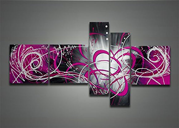 Handpainted 5 Piece Black White Modern Abstract Oil Paintings on Canvas Peacock Pictures Wall Art for Living Room (pink)