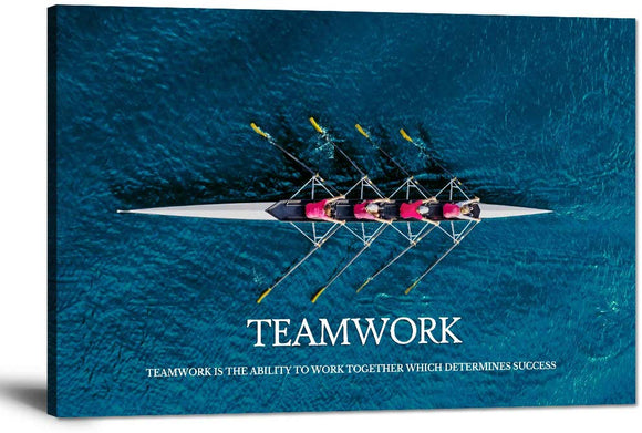 Inspirational Canvas Wall Art Motivational Posters Success Teamwork Painting Rowing Team on Blue Ocean Pictures Positive Office Quotes Prints Artwork for Living Room Teen Bedroom Framed
